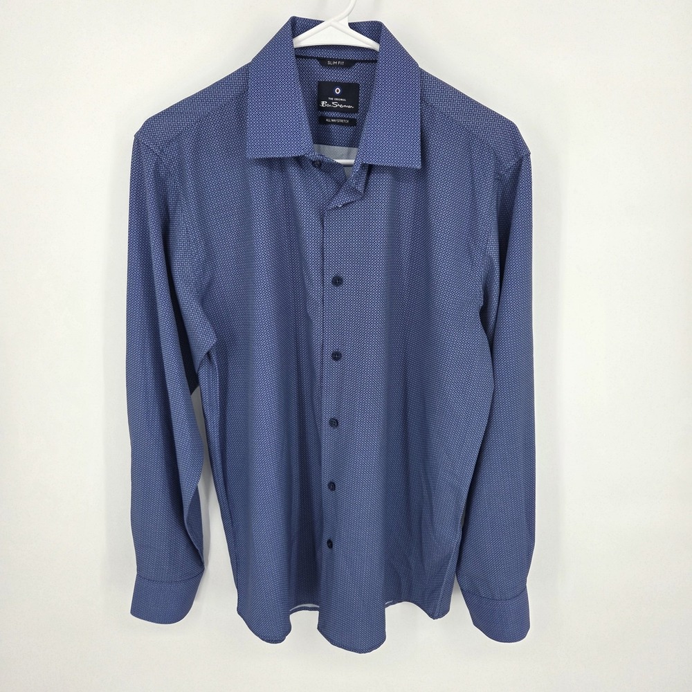 Ben Sherman Mens Med Slim Fit Blue Patterned All Way Stretch Button Down Shirt